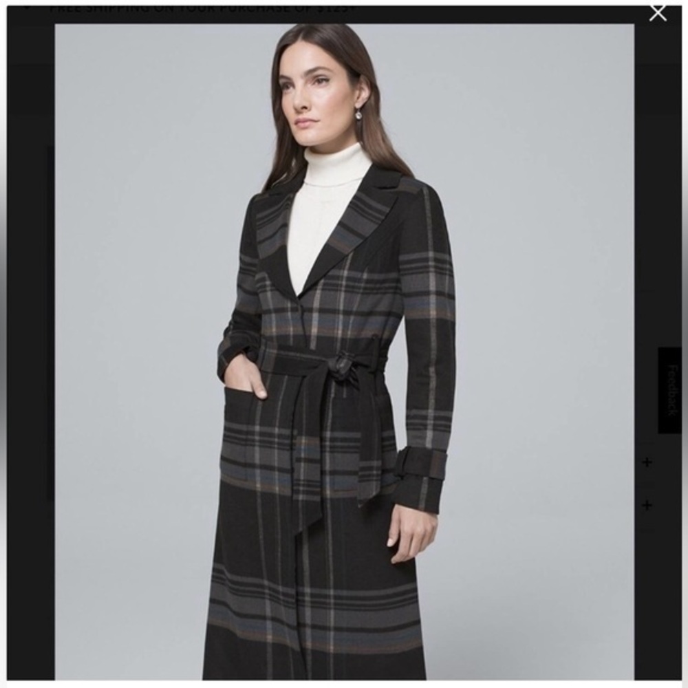 White House Black Market Black and Gray Plaid Coat